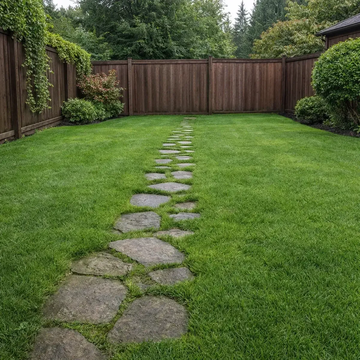 Freshly mowed green backyard lawn after professional lawn maintenance with clean stone paver walkway.