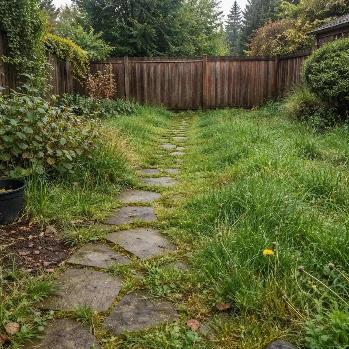 Overgrown backyard lawn with tall grass and weeds before professional lawn maintenance.